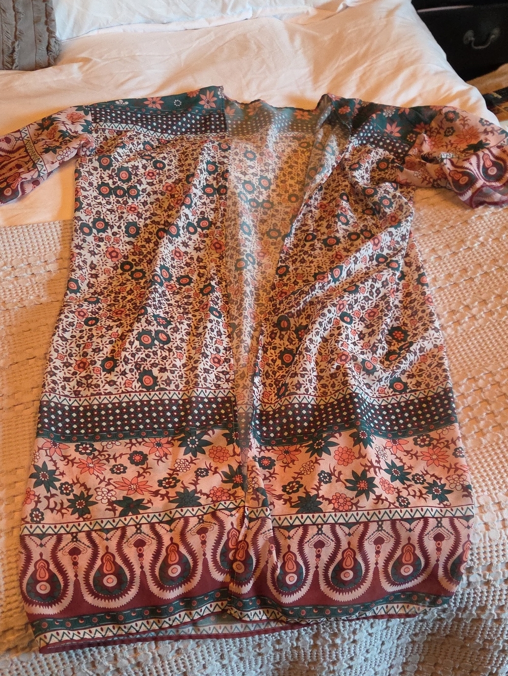 Floral Patchwork Print Women's Kimono in Pink and Green One Size